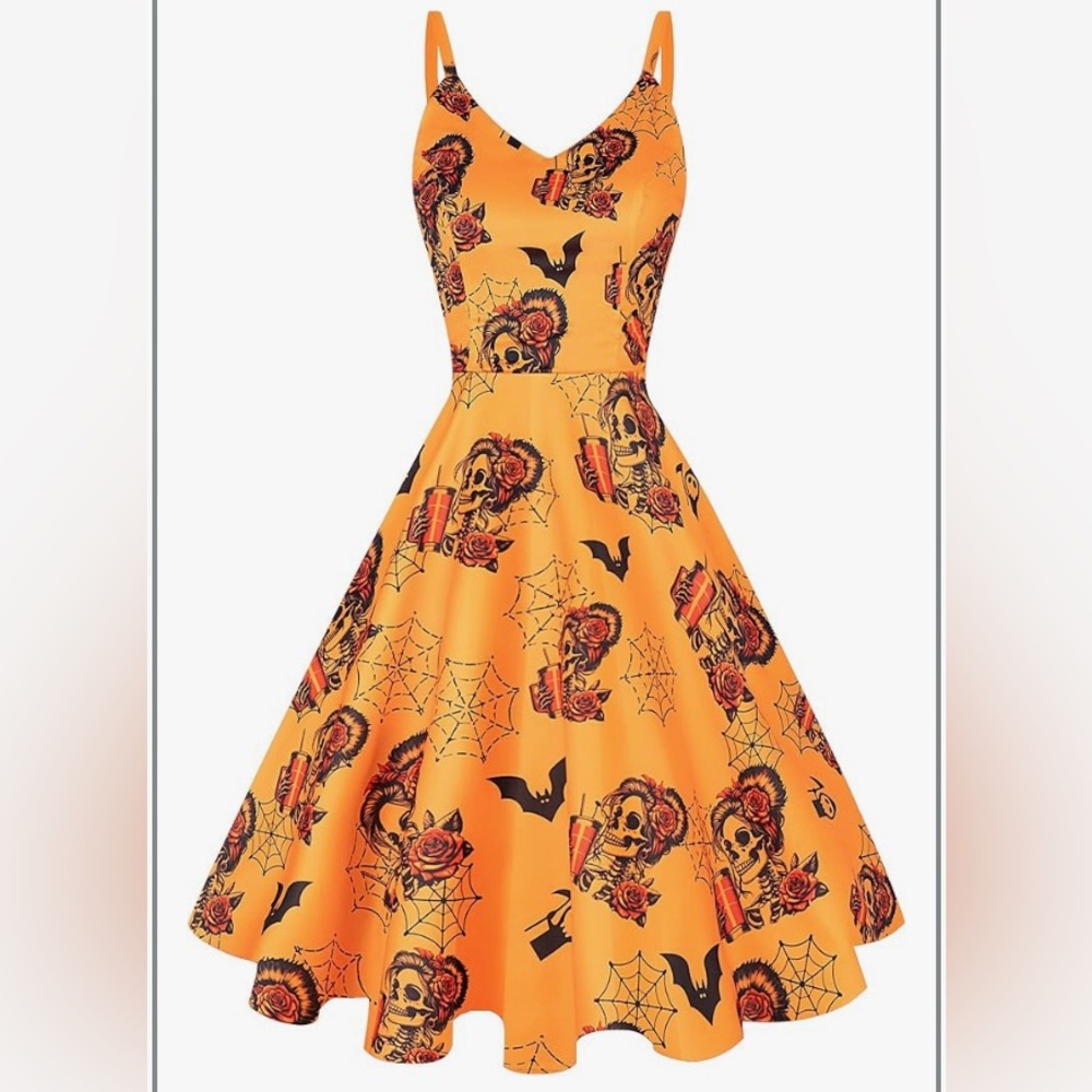 🕸️🎃🥤💀🥤🎃🕸️Orange Halloween Goth Pin Up Themed Dress